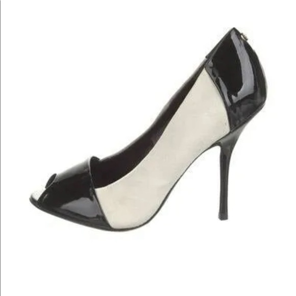NWT Gucci Suede & Patent Leather Interlocking G Logo Peep-Toes Stiletto Heel 37 - Picture 3 of 10